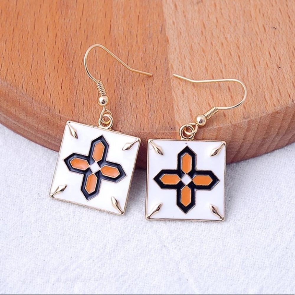 Geometric Cross Tile Drop Enamel Earrings
